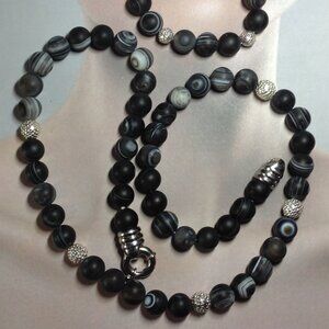 Natural Matte Sardonyx Agate Beads Necklace and Stretch Bracelet.